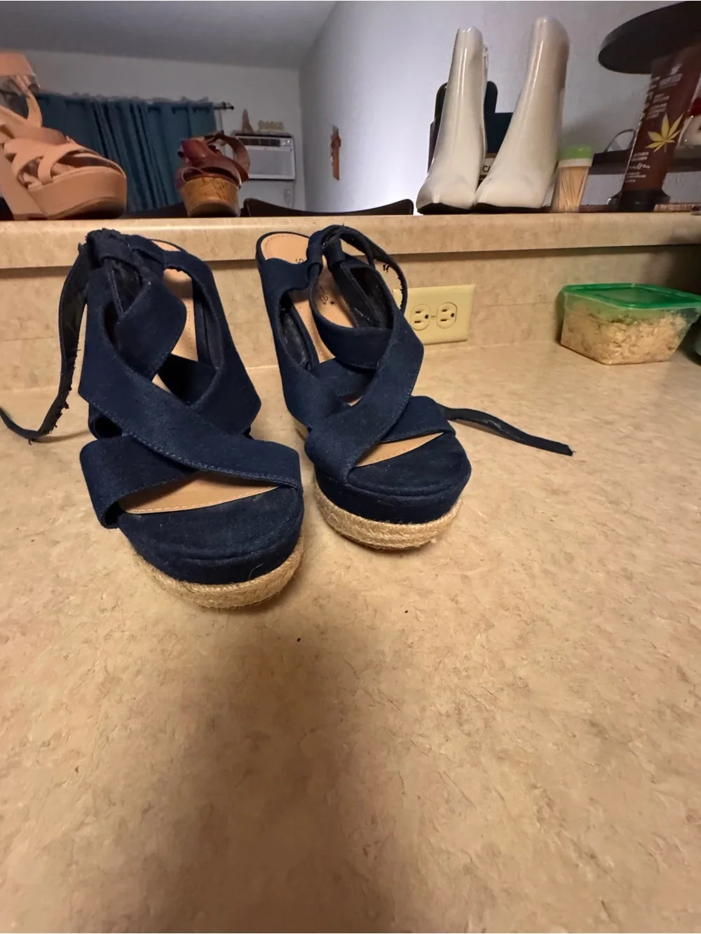 Women’s Navy Espadrille Wedge Sandals with Wrap Straps Size 10